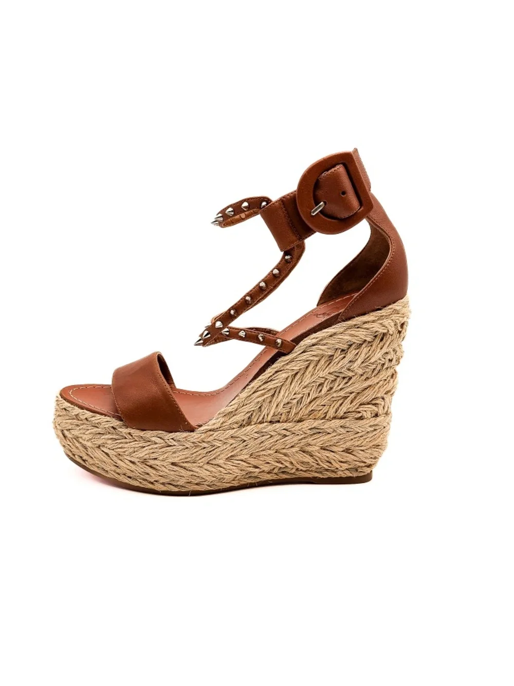 Christian Louboutin Spike Brown Leather Buckle Espadrille Platform Sandals EU 36 - Picture 3 of 8
